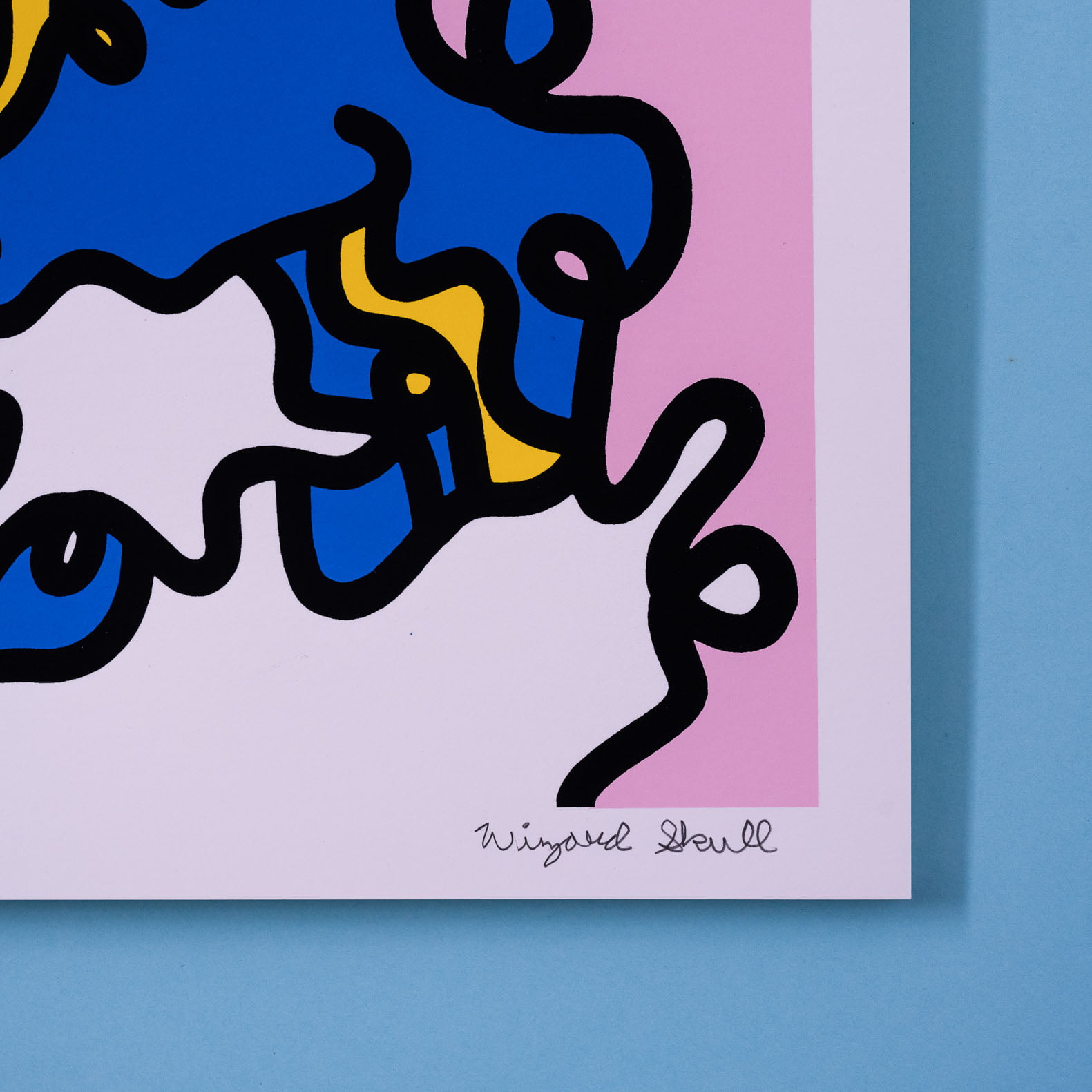 Detail and artist Wizard Skull signature of Simpsons Disneys Donald Duck with wobbly lines as a screen print edition