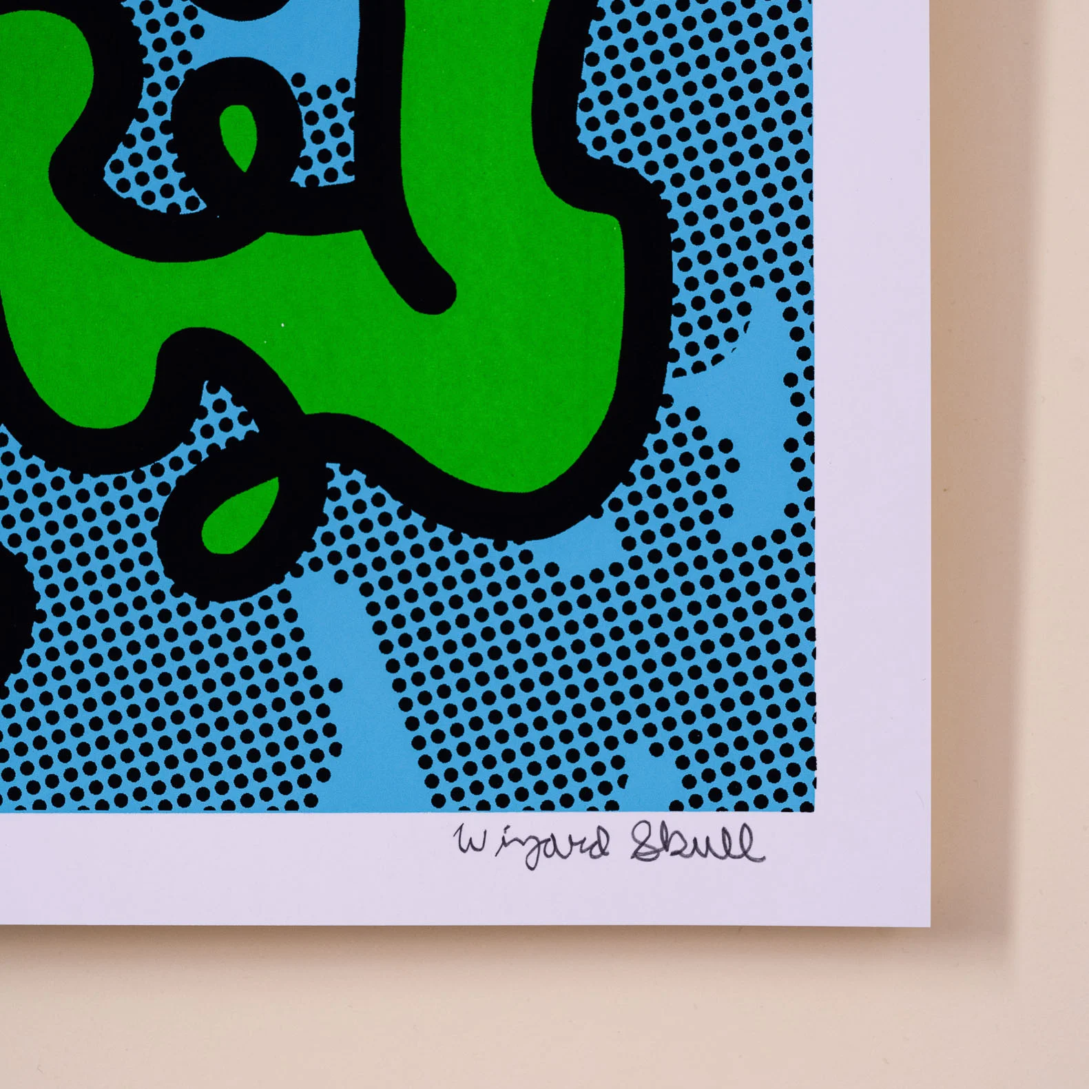 Detail and artist Wizard Skull signature of Muppets Kermit the Frog with wobbly lines as a screen print edition